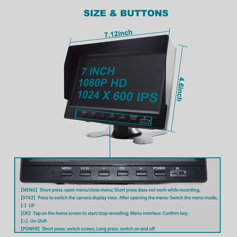 7" 2CH Video Recorder Parking System with 1080P IP68 Waterproof Camera