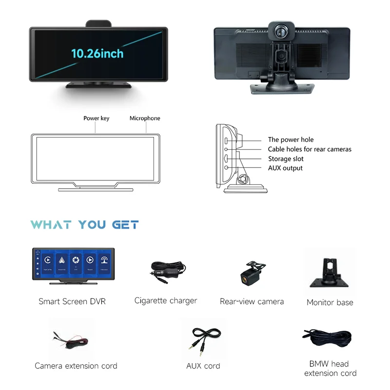 10.26" Wireless Carplay Car DVR wtih IPS Touch Screen 1080P Dual Camera