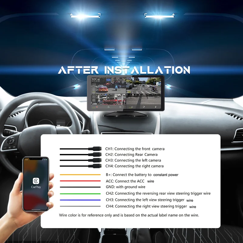 10.36" Apple Carplay & Android Auto Wireless Car DVR 1080p Backup Camera