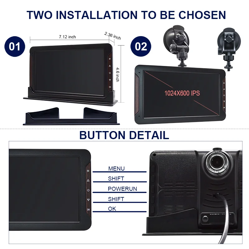 2CH Front 4k Backup Camera 7 Inches Touch Screen Dash Cam Monitor System