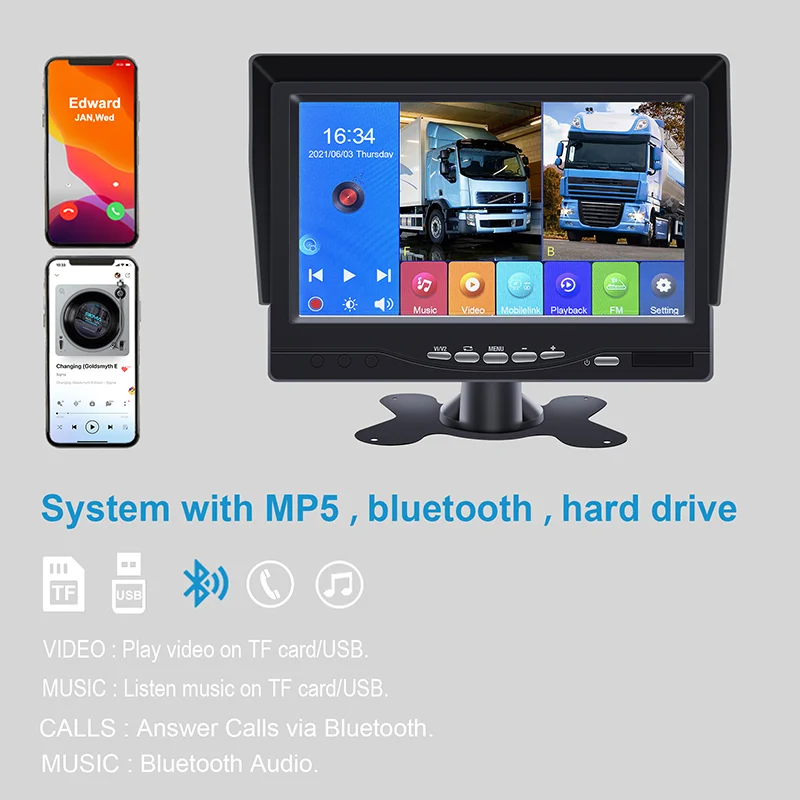 7" 2CH Backup Camera System with MP5, Loop Recording for Truck Van Bus