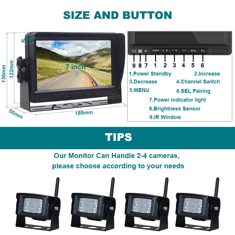 1080P Night Vision Wireless Backup Camera with 2CH 7" IPS Screen