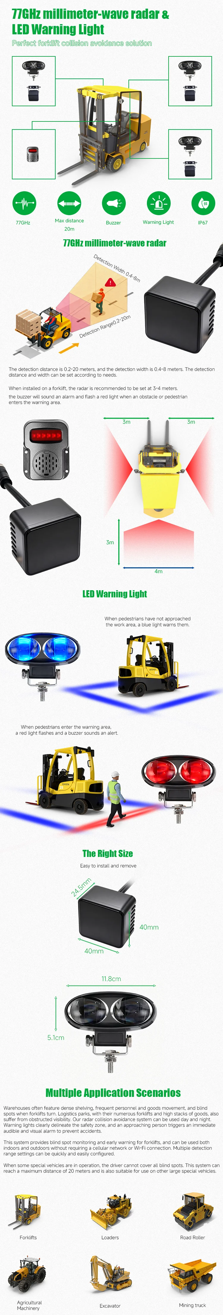 77GHz millimeter-wave radar & LED Warning Light for Forklift
77GHz millimeter-wave radar & LED Warning Light for Forklift